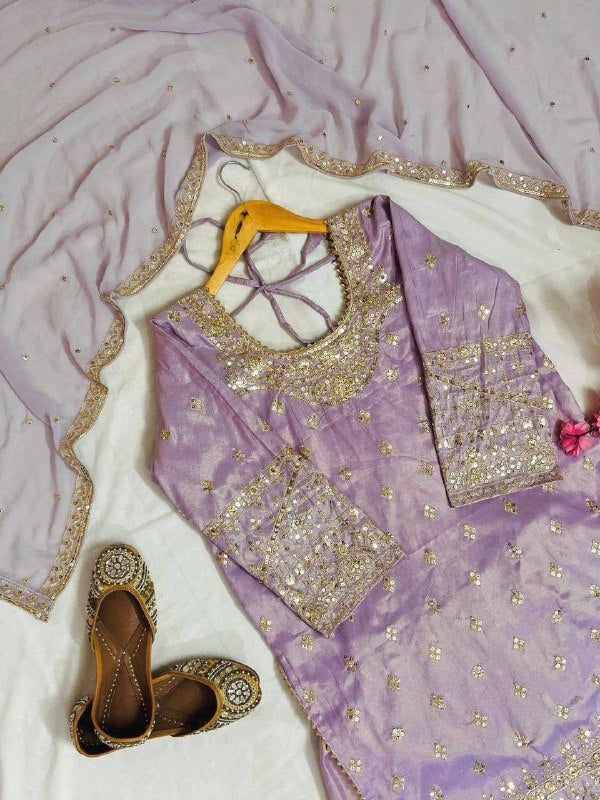 Premium Cosmos Simar Silk Purple Kurti Palazzo for Women with Dupatta Set