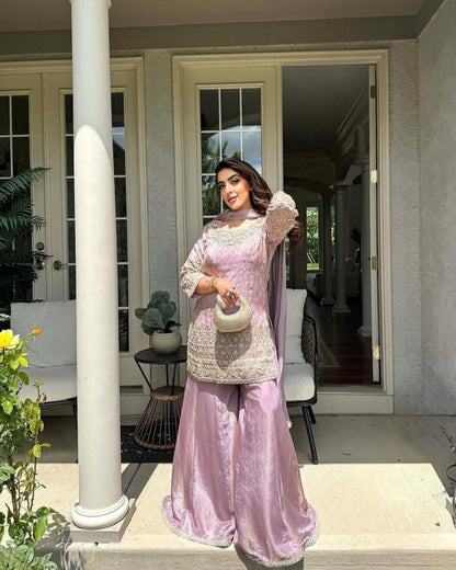 Premium Cosmos Simar Silk Purple Kurti Palazzo for Women with Dupatta Set