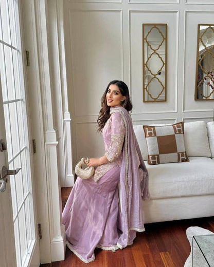 Premium Cosmos Simar Silk Purple Kurti Palazzo for Women with Dupatta Set