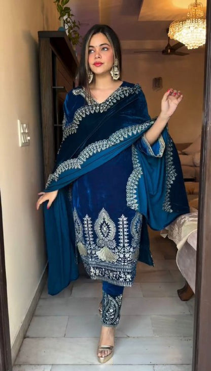 Heavy Viscose Party Wear Royal Blue Velvet Suit Set For Women With Dupatta