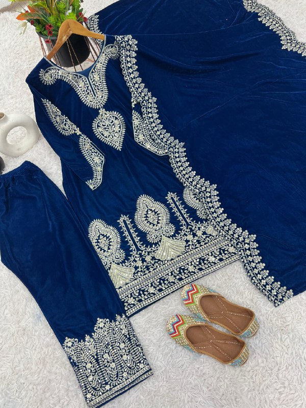 Heavy Viscose Party Wear Royal Blue Velvet Suit Set For Women With Dupatta