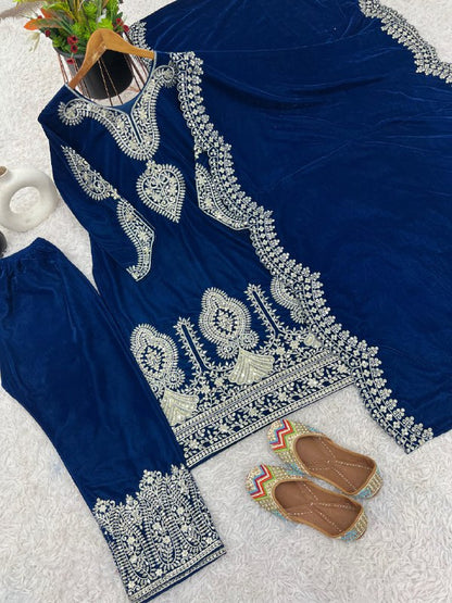 Heavy Viscose Party Wear Royal Blue Velvet Suit Set For Women With Dupatta