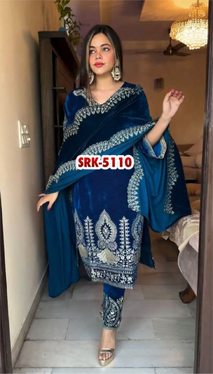 Heavy Viscose Party Wear Royal Blue Velvet Suit Set For Women With Dupatta