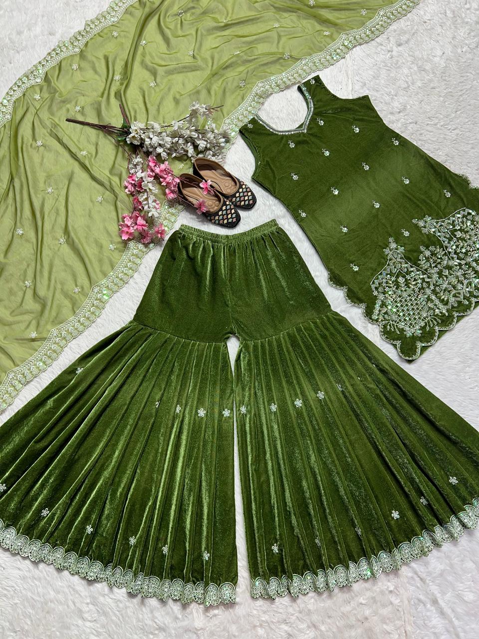 Heavy Velvet Sharara Set | Handwork & Sequence Embroidery | Party Wear with Organza Dupatta