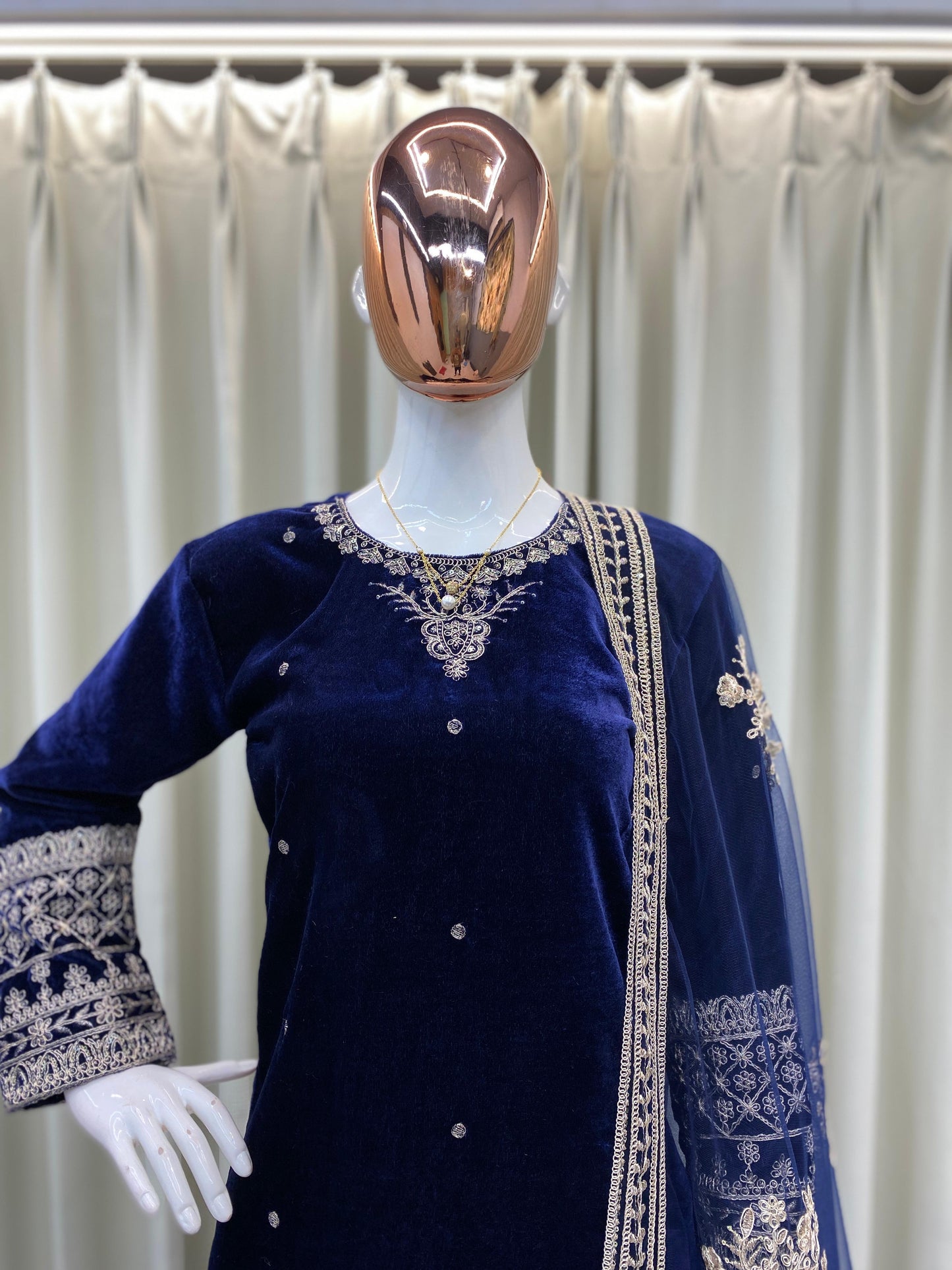 Women’s Winter Velvet Embroidered Blue Kurta and Pant Set with Dupatta