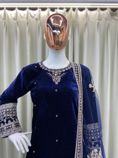 Women’s Winter Velvet Embroidered Blue Kurta and Pant Set with Dupatta