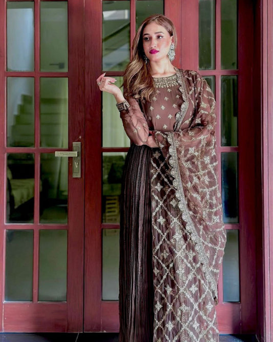 New Party Wear Look: Pur Crush Chinon Silk Fancy Gown, Dupatta & Bottom Set