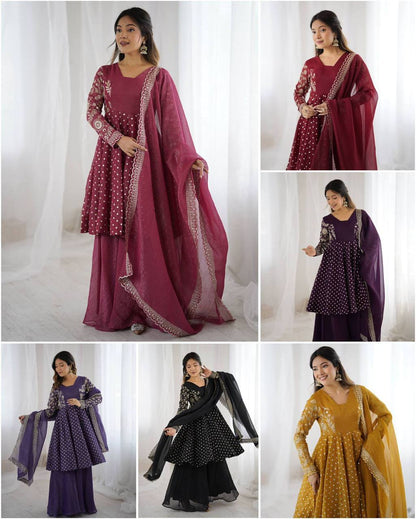 Plus Size Crunchy Silk Kurta Sharara Set – Sequins Embroidery Work with Dupatta