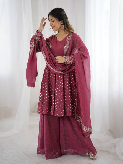 Plus Size Crunchy Silk Kurta Sharara Set – Sequins Embroidery Work with Dupatta