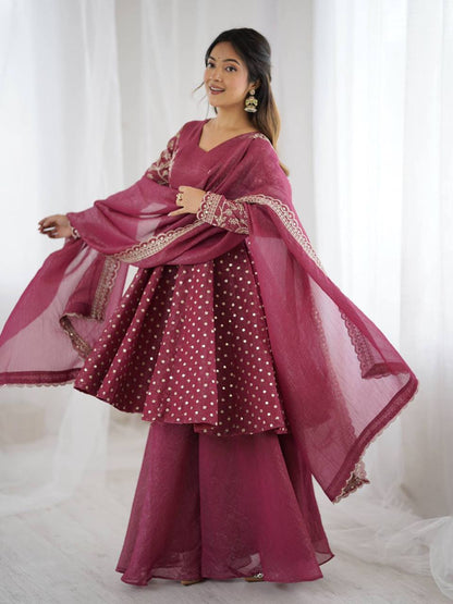 Plus Size Crunchy Silk Kurta Sharara Set – Sequins Embroidery Work with Dupatta
