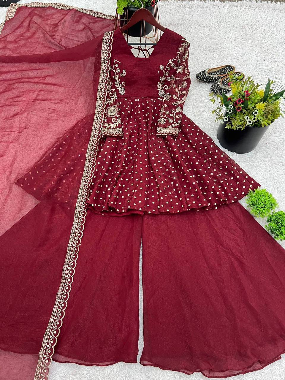 Plus Size Crunchy Silk Kurta Sharara Set – Sequins Embroidery Work with Dupatta