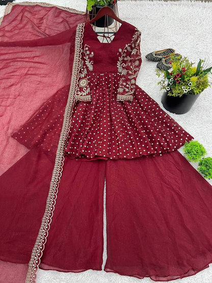 Plus Size Crunchy Silk Kurta Sharara Set – Sequins Embroidery Work with Dupatta