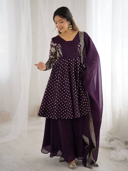 Plus Size Crunchy Silk Kurta Sharara Set – Sequins Embroidery Work with Dupatta