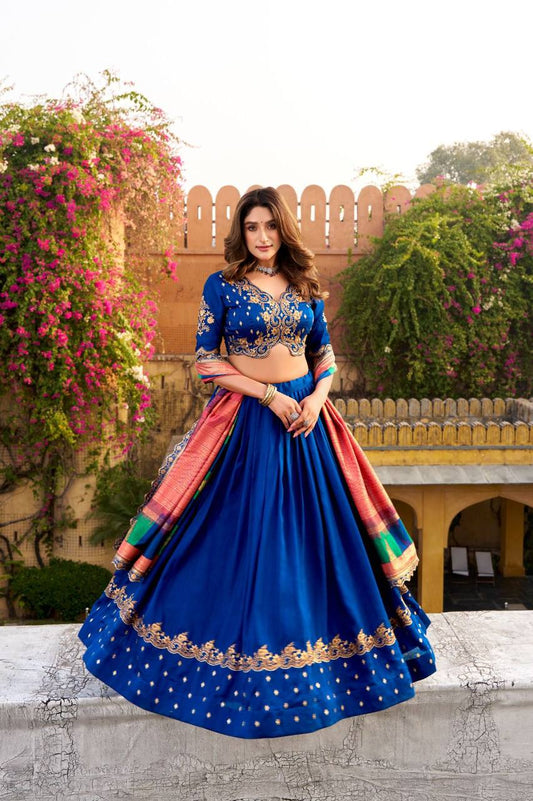 Vichitra Silk Lehenga Choli – Sequins &amp; Thread Embroidery with Foil Printed Dupatta