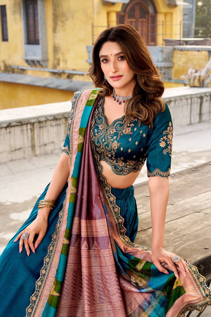 Vichitra Silk Lehenga Choli – Sequins &amp; Thread Embroidery with Foil Printed Dupatta