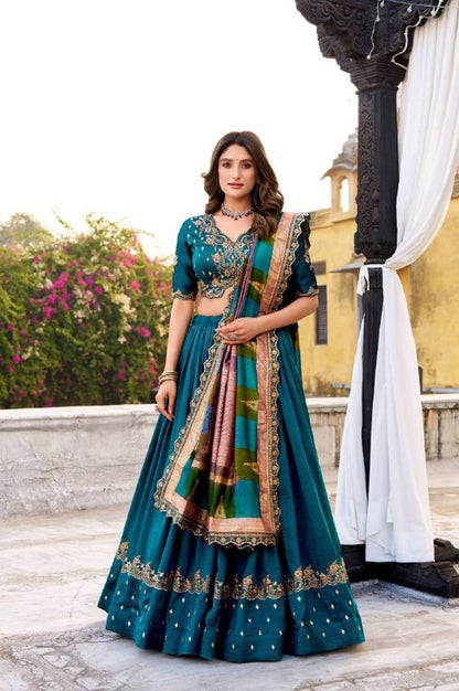 Vichitra Silk Lehenga Choli – Sequins &amp; Thread Embroidery with Foil Printed Dupatta