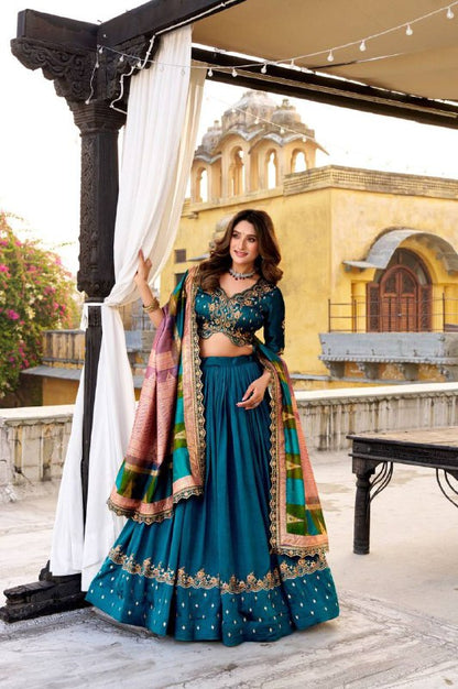 Vichitra Silk Lehenga Choli – Sequins &amp; Thread Embroidery with Foil Printed Dupatta