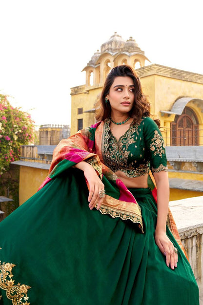 Vichitra Silk Lehenga Choli – Sequins &amp; Thread Embroidery with Foil Printed Dupatta