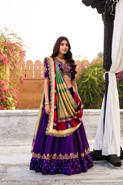 Vichitra Silk Lehenga Choli – Sequins &amp; Thread Embroidery with Foil Printed Dupatta