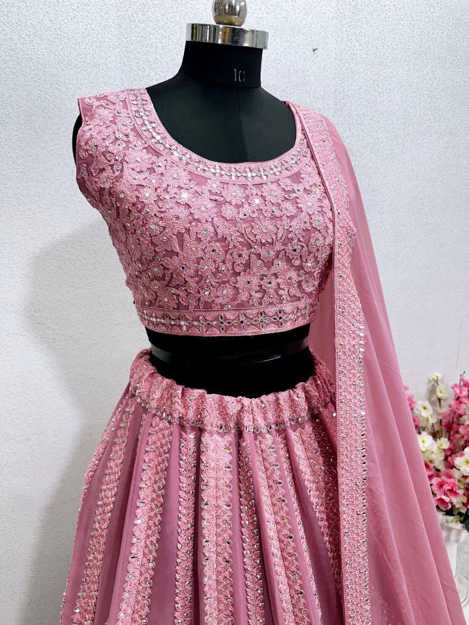 Bridal Faux Georgette Lehenga Choli – Heavy Real Mirror & Diamond Embroidery Work
