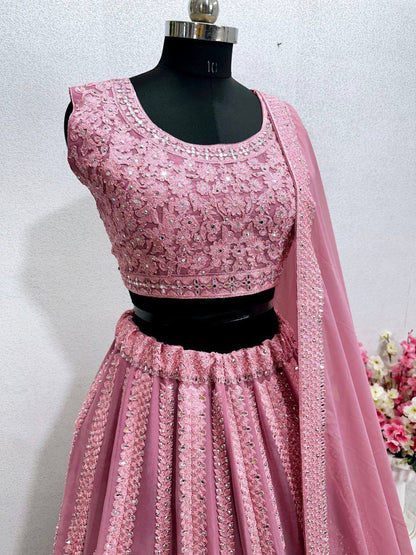 Bridal Faux Georgette Lehenga Choli – Heavy Real Mirror & Diamond Embroidery Work