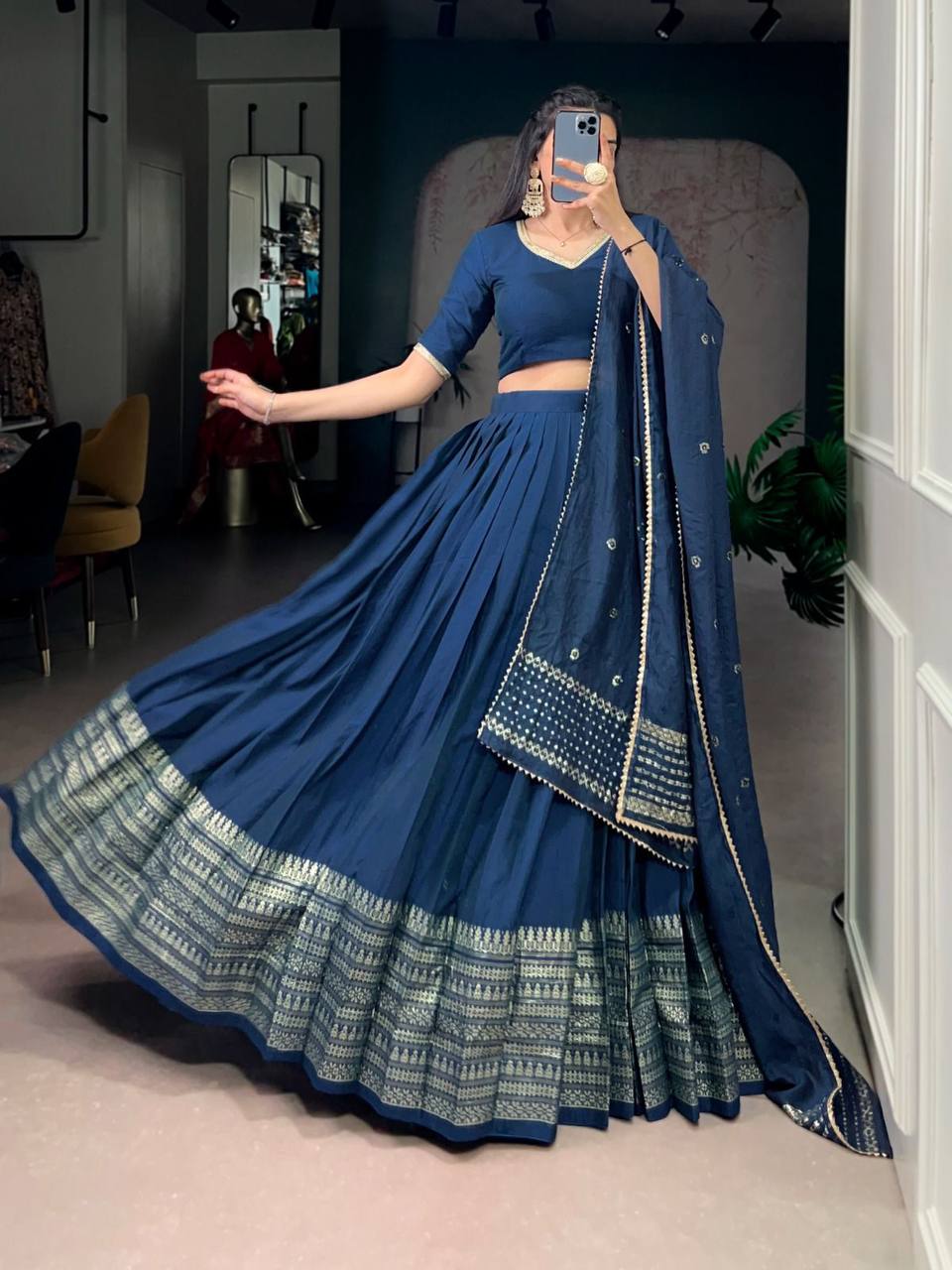 Pure Chanderi Lehenga Choli – Zari Border with Sequins Embroidered Dupatta