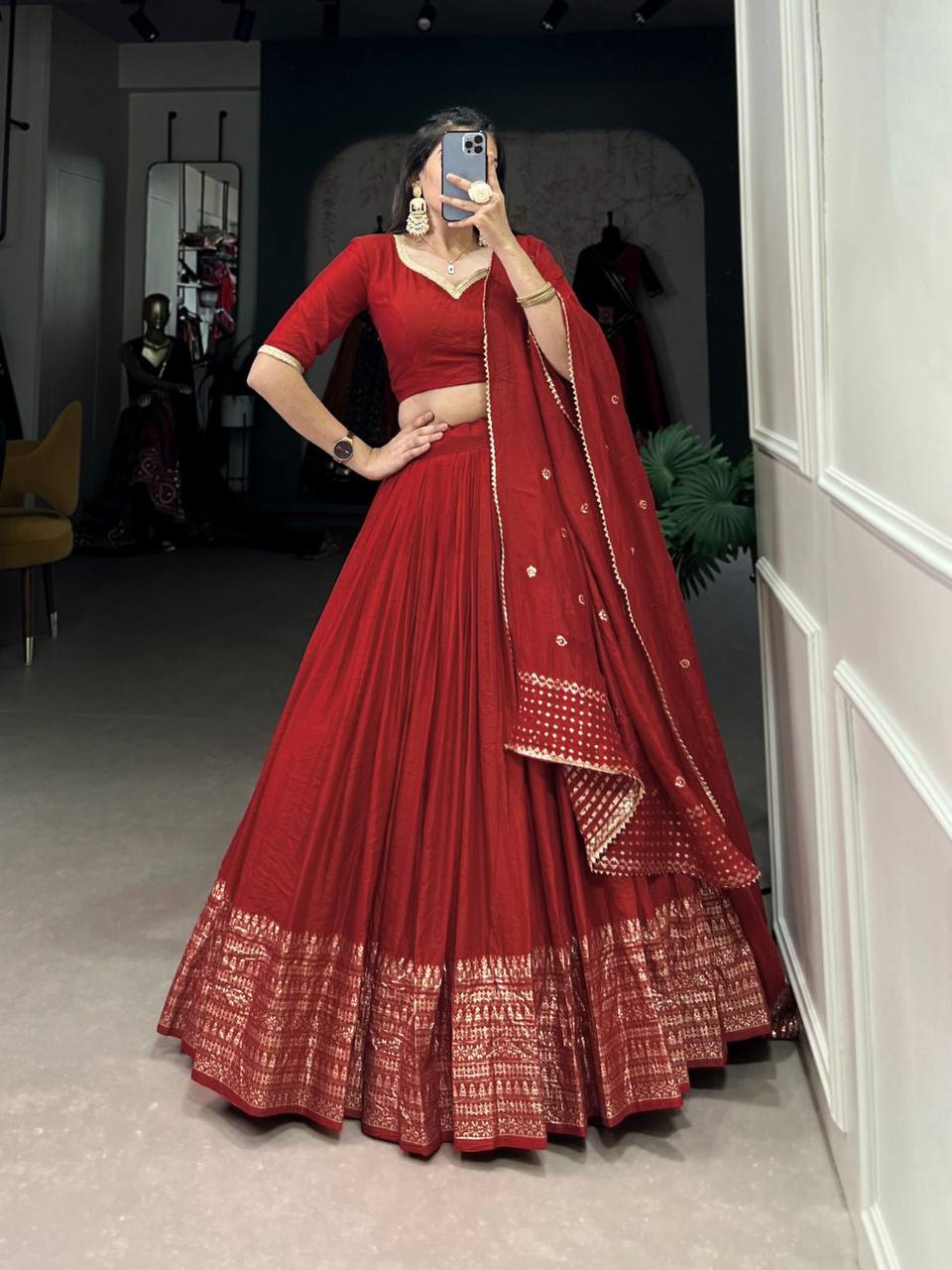 Pure Chanderi Lehenga Choli – Zari Border with Sequins Embroidered Dupatta
