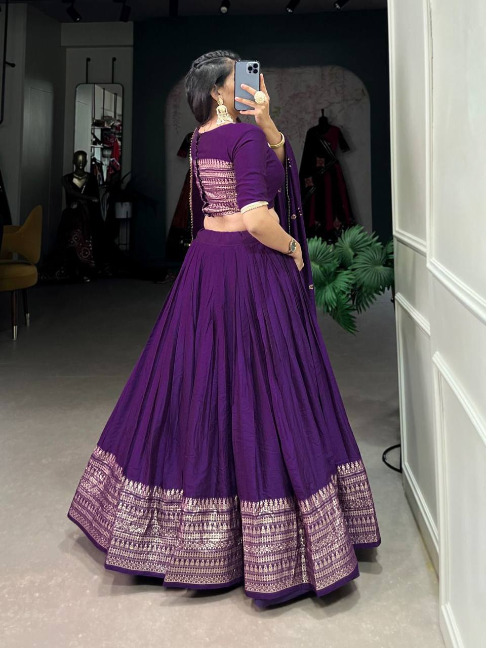 Pure Chanderi Lehenga Choli – Zari Border with Sequins Embroidered Dupatta