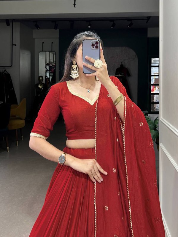 Pure Chanderi Lehenga Choli – Zari Border with Sequins Embroidered Dupatta