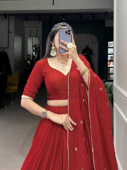 Pure Chanderi Lehenga Choli – Zari Border with Sequins Embroidered Dupatta