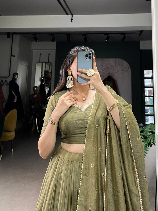 Pure Chanderi Lehenga Choli – Zari Border with Sequins Embroidered Dupatta