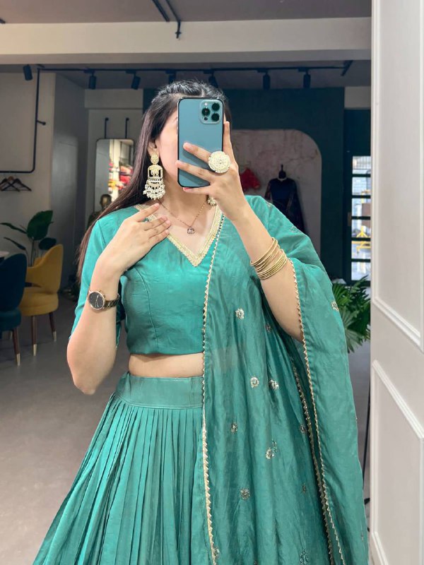 Pure Chanderi Lehenga Choli – Zari Border with Sequins Embroidered Dupatta