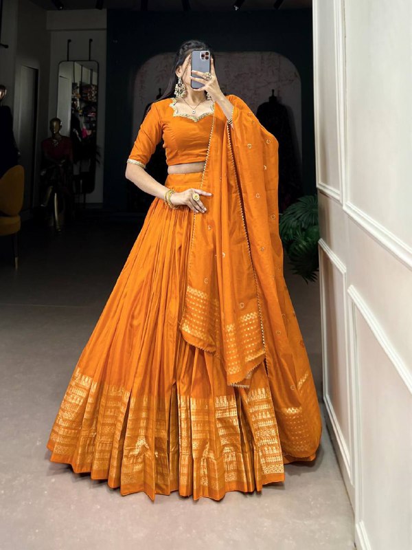 Pure Chanderi Lehenga Choli – Zari Border with Sequins Embroidered Dupatta