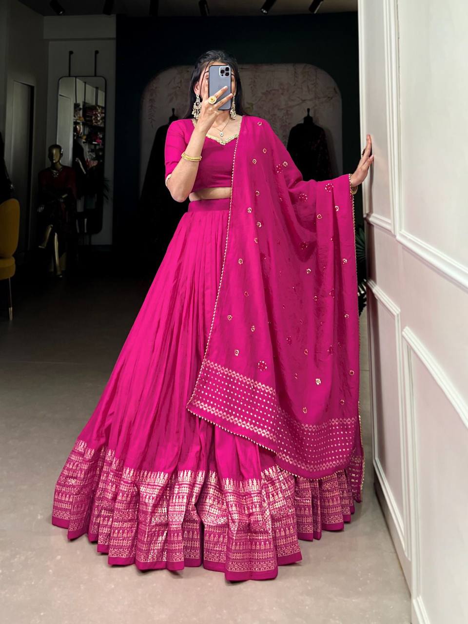 Pure Chanderi Lehenga Choli – Zari Border with Sequins Embroidered Dupatta