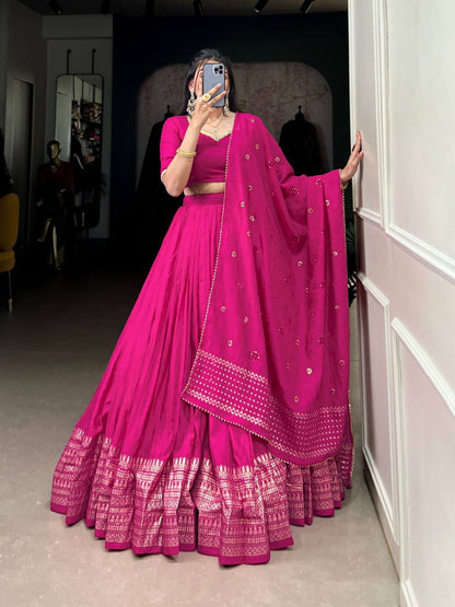 Pure Chanderi Lehenga Choli – Zari Border with Sequins Embroidered Dupatta