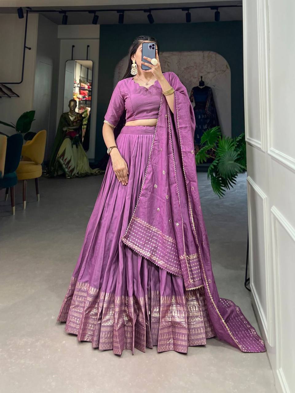 Pure Chanderi Lehenga Choli – Zari Border with Sequins Embroidered Dupatta