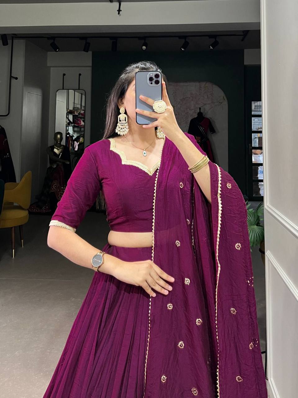 Pure Chanderi Lehenga Choli – Zari Border with Sequins Embroidered Dupatta