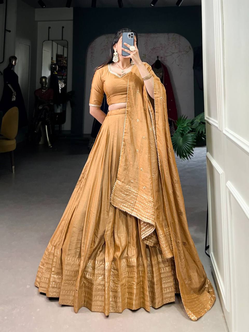 Pure Chanderi Lehenga Choli – Zari Border with Sequins Embroidered Dupatta