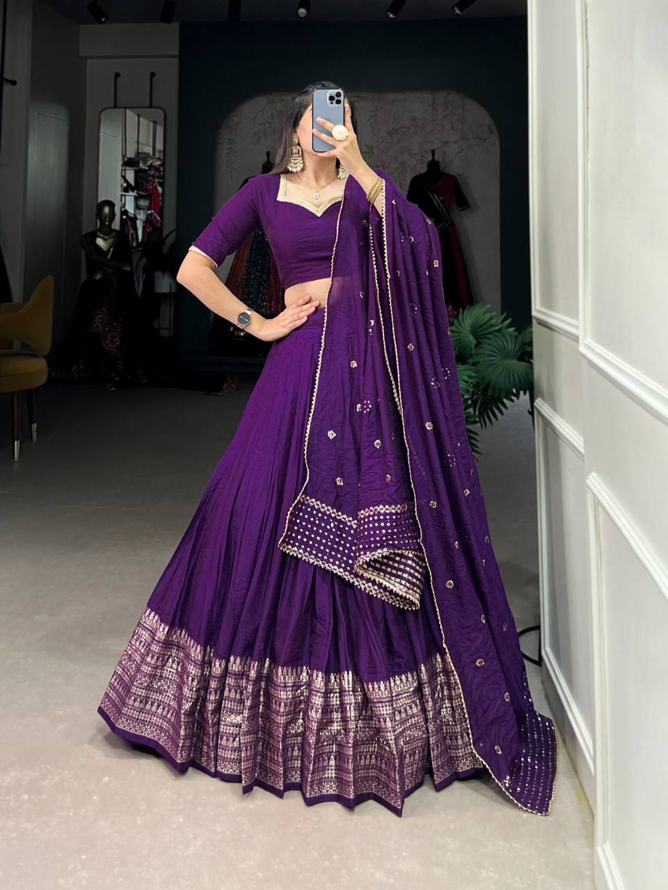 Pure Chanderi Lehenga Choli – Zari Border with Sequins Embroidered Dupatta