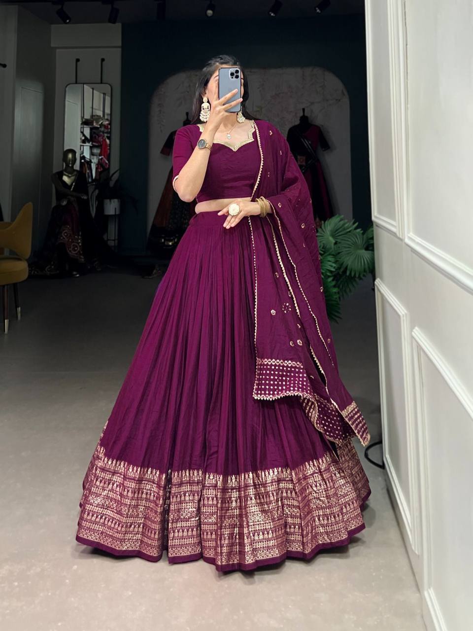 Pure Chanderi Lehenga Choli – Zari Border with Sequins Embroidered Dupatta