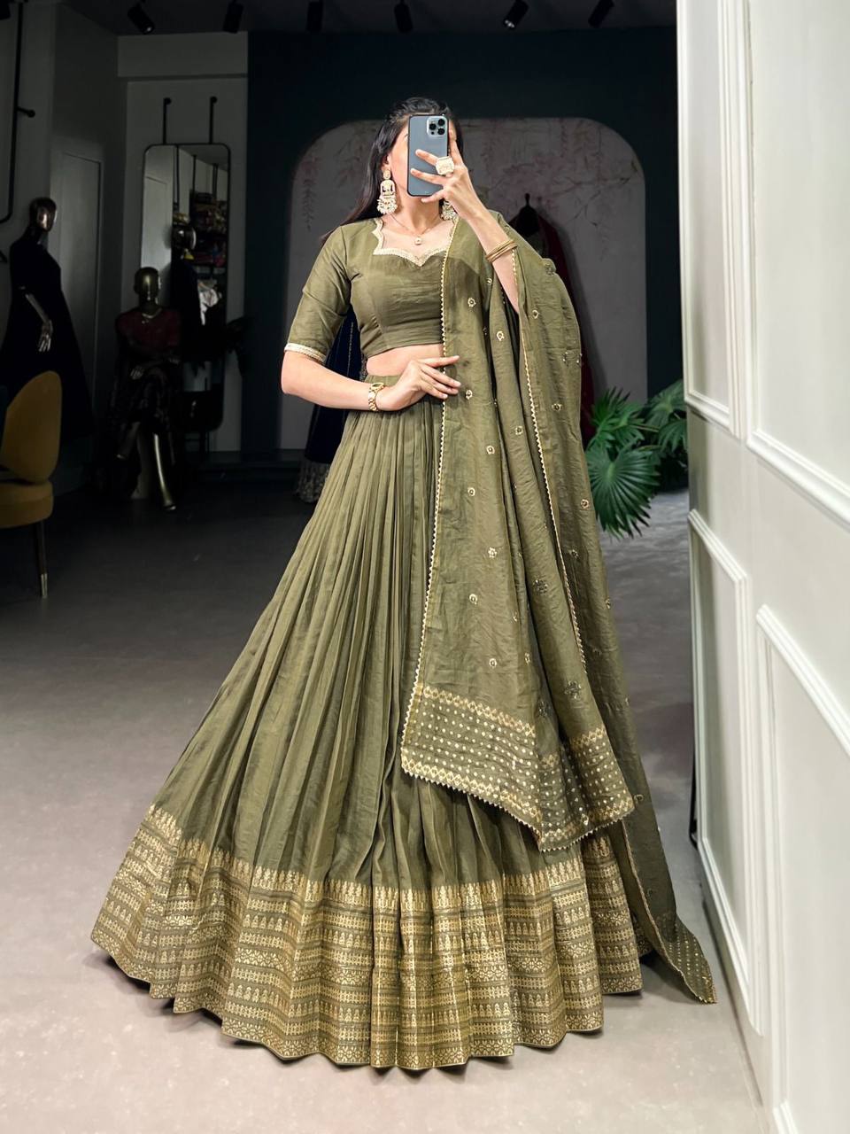 Pure Chanderi Lehenga Choli – Zari Border with Sequins Embroidered Dupatta