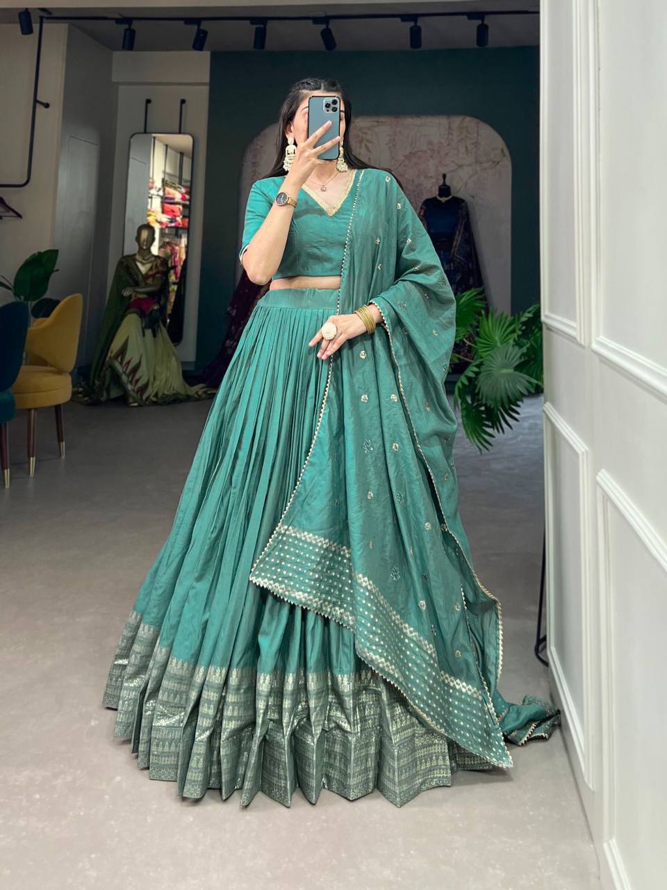 Pure Chanderi Lehenga Choli – Zari Border with Sequins Embroidered Dupatta