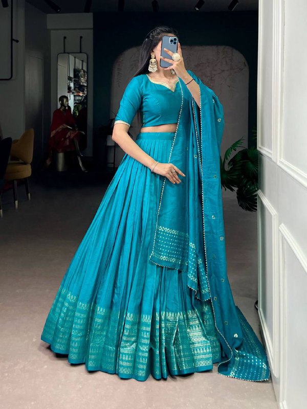 Pure Chanderi Lehenga Choli – Zari Border with Sequins Embroidered Dupatta