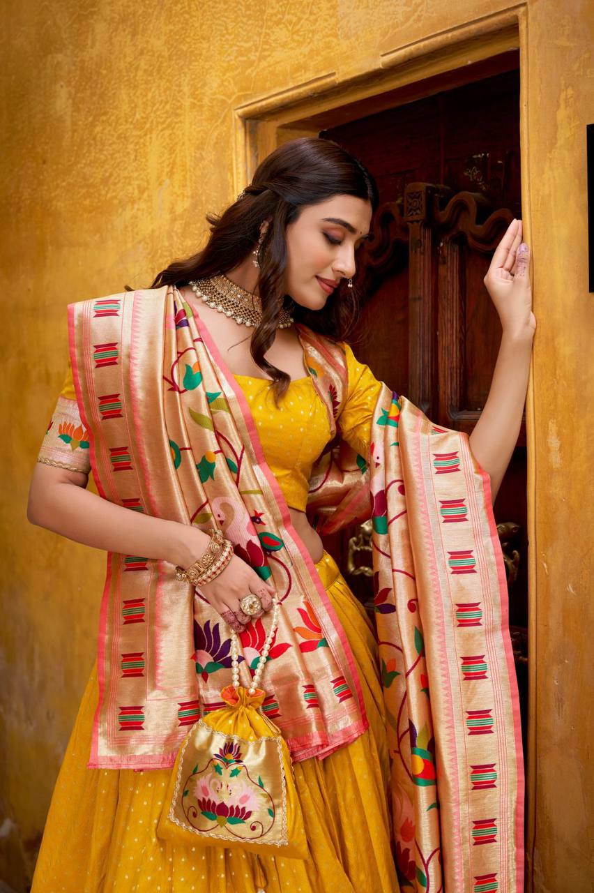Silk Paithani Lehenga Choli – Zari Weaving with Lace Border, Jacquard Dupatta & Batwa