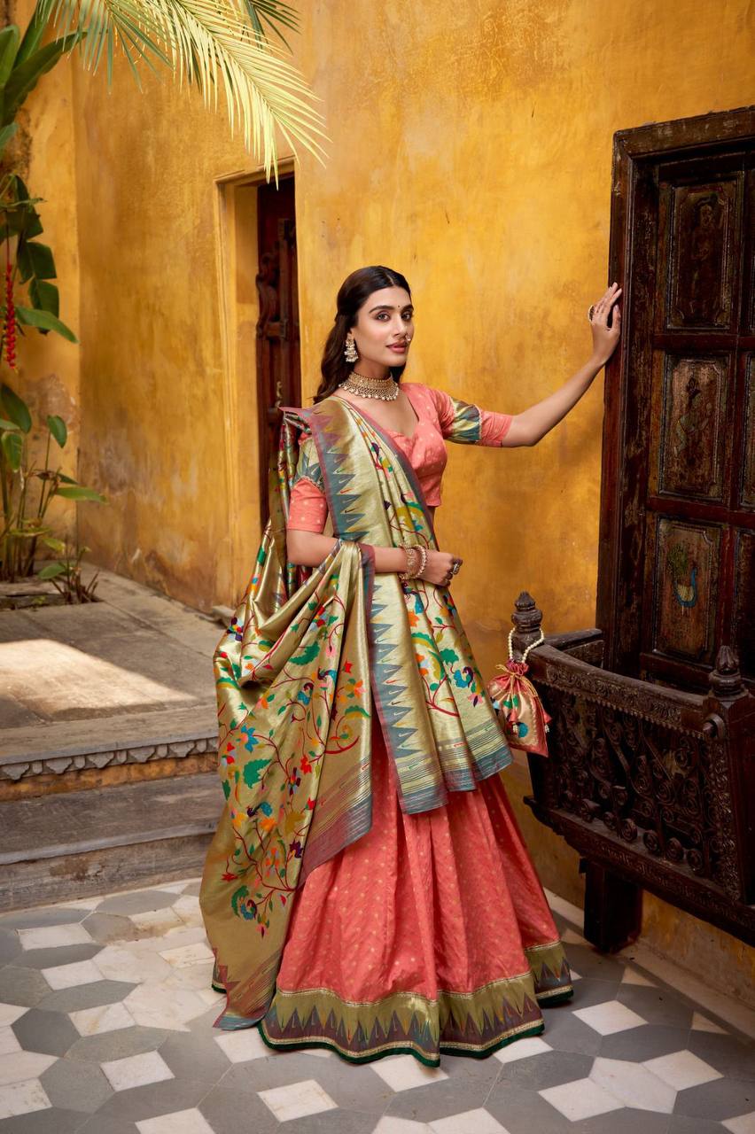 Silk Paithani Lehenga Choli – Zari Weaving with Lace Border, Jacquard Dupatta & Batwa