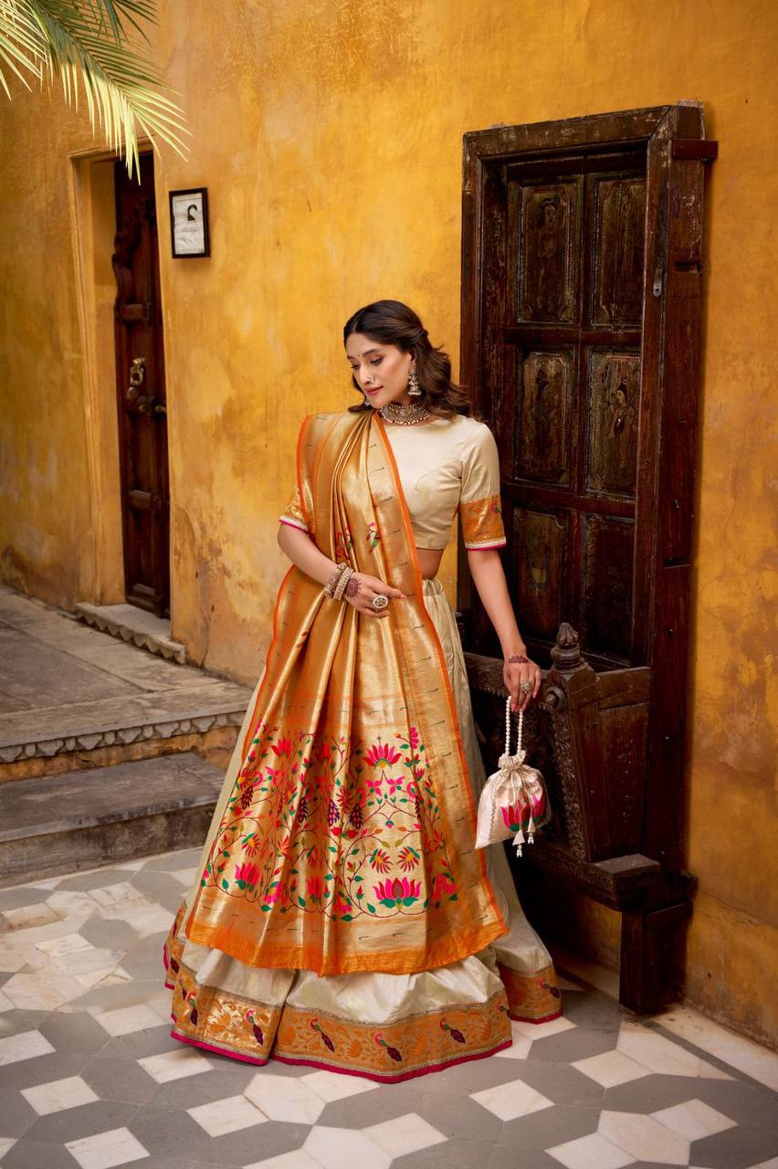 Silk Paithani Lehenga Choli – Zari Weaving with Lace Border, Jacquard Dupatta & Batwa