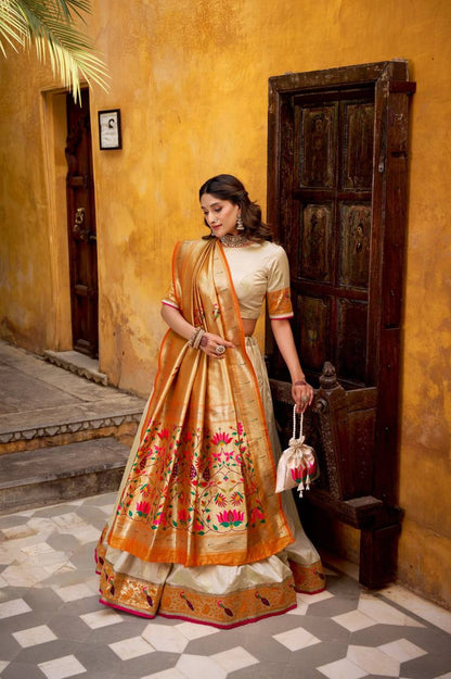 Silk Paithani Lehenga Choli – Zari Weaving with Lace Border, Jacquard Dupatta & Batwa