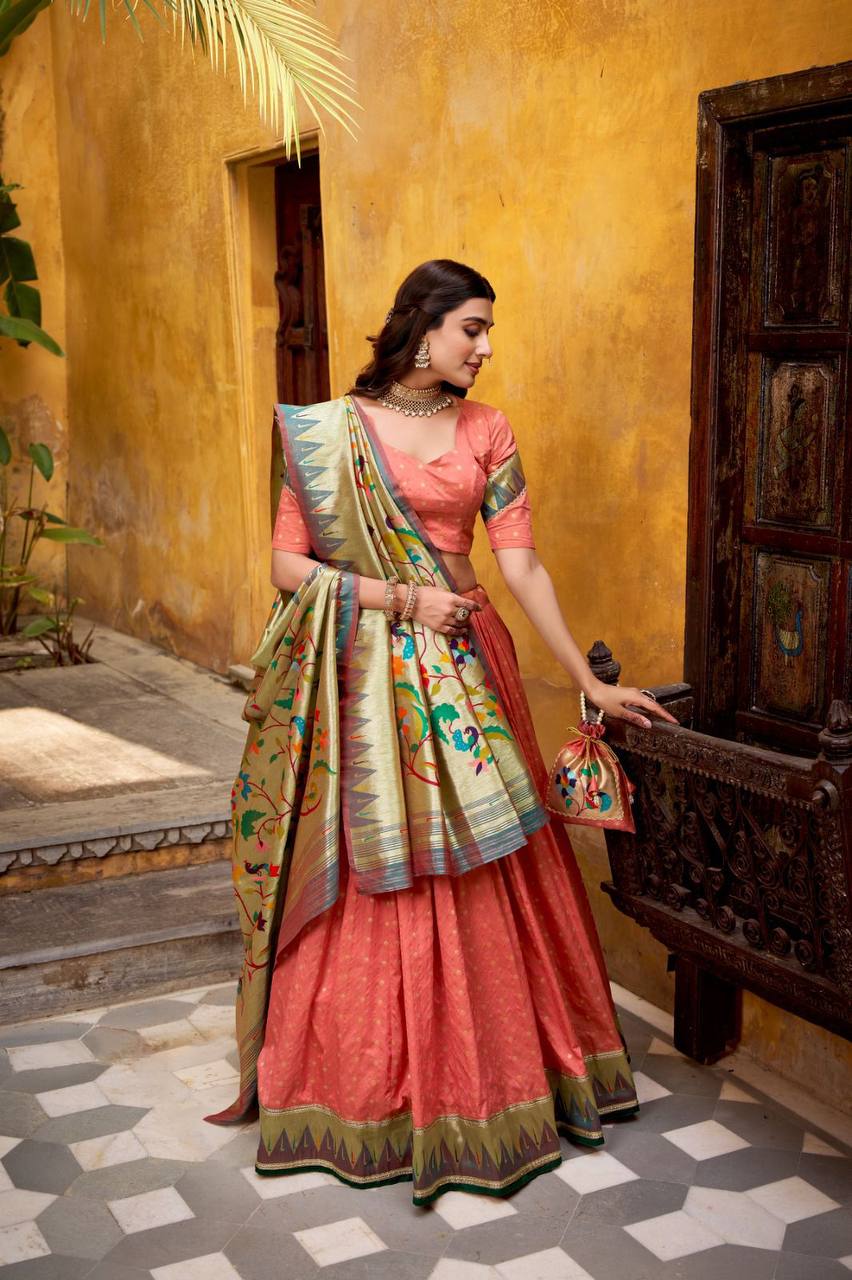 Silk Paithani Lehenga Choli – Zari Weaving with Lace Border, Jacquard Dupatta & Batwa