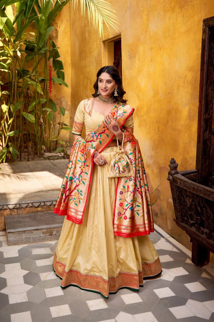 Silk Paithani Lehenga Choli – Zari Weaving with Lace Border, Jacquard Dupatta & Batwa