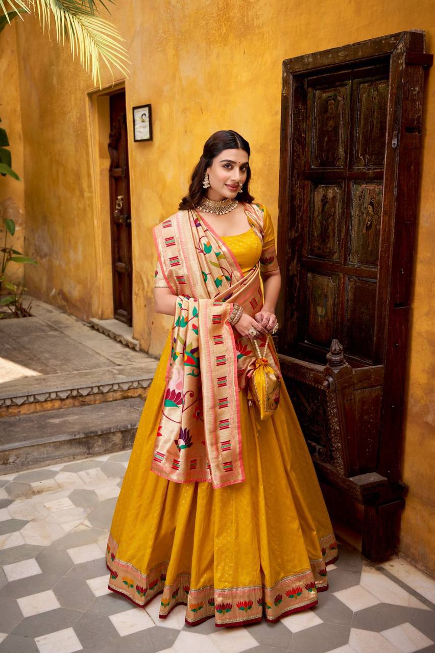 Silk Paithani Lehenga Choli – Zari Weaving with Lace Border, Jacquard Dupatta